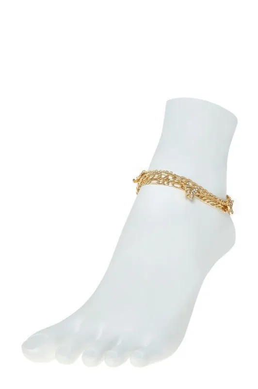 Rory Butterfly Rhinestone Triple Layer Chain Anklet sold by Chic Couture