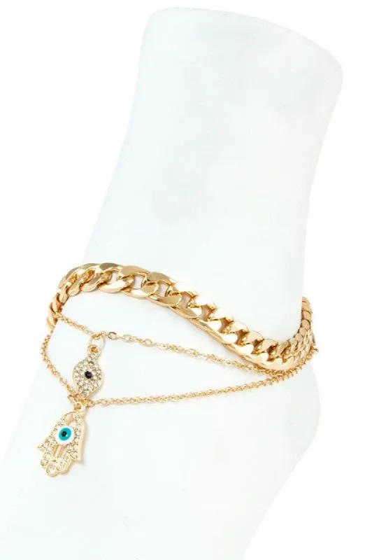 Brie Evil Eye and Hamsa Charm Chain Anklet sold by chic