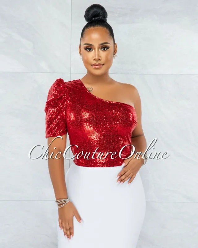 *Adya Red Single Shoulder Sequins Crop Top sold by chic