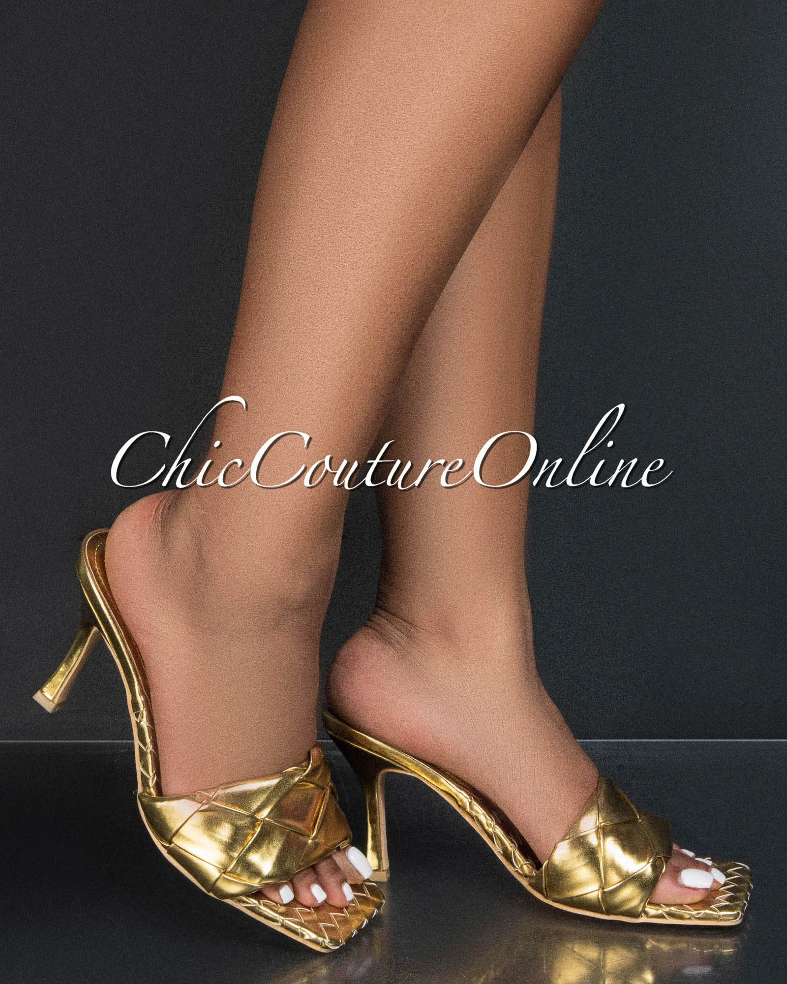 *Wave It Gold Braided Upper Square Toe Heels sold by Chic Couture
