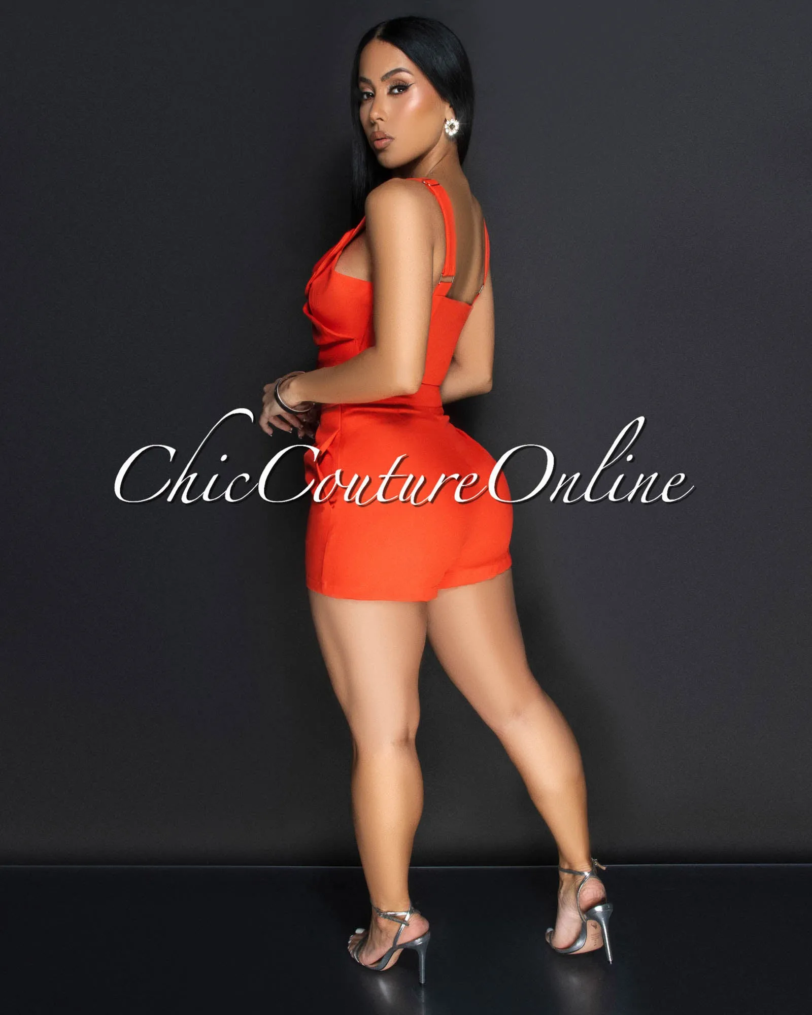 Ilona Tomato Rhinestones Flower Crop Top & Shorts Set sold by Chic Couture product image thumbnail 3