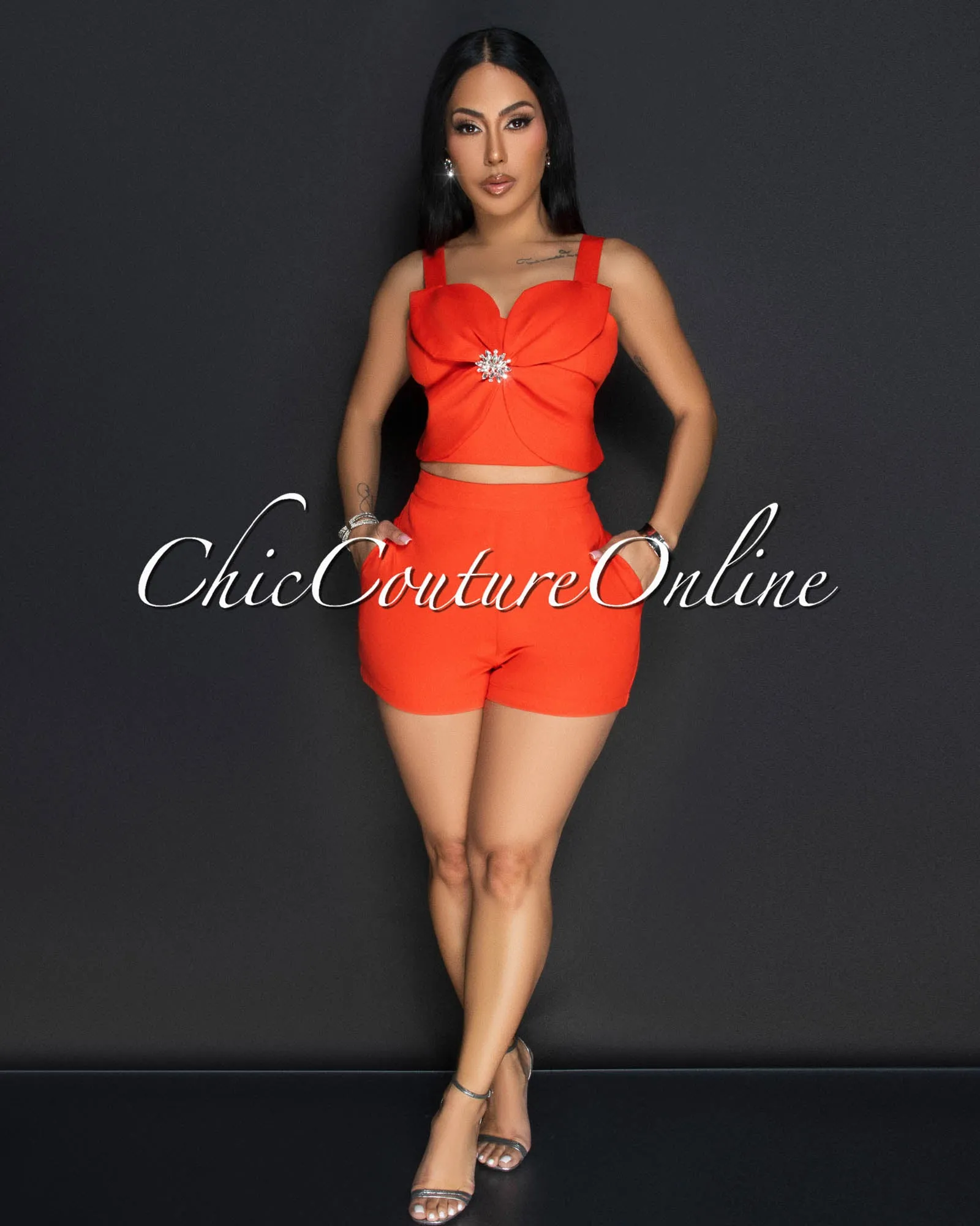 Ilona Tomato Rhinestones Flower Crop Top & Shorts Set sold by Chic Couture product image thumbnail 2