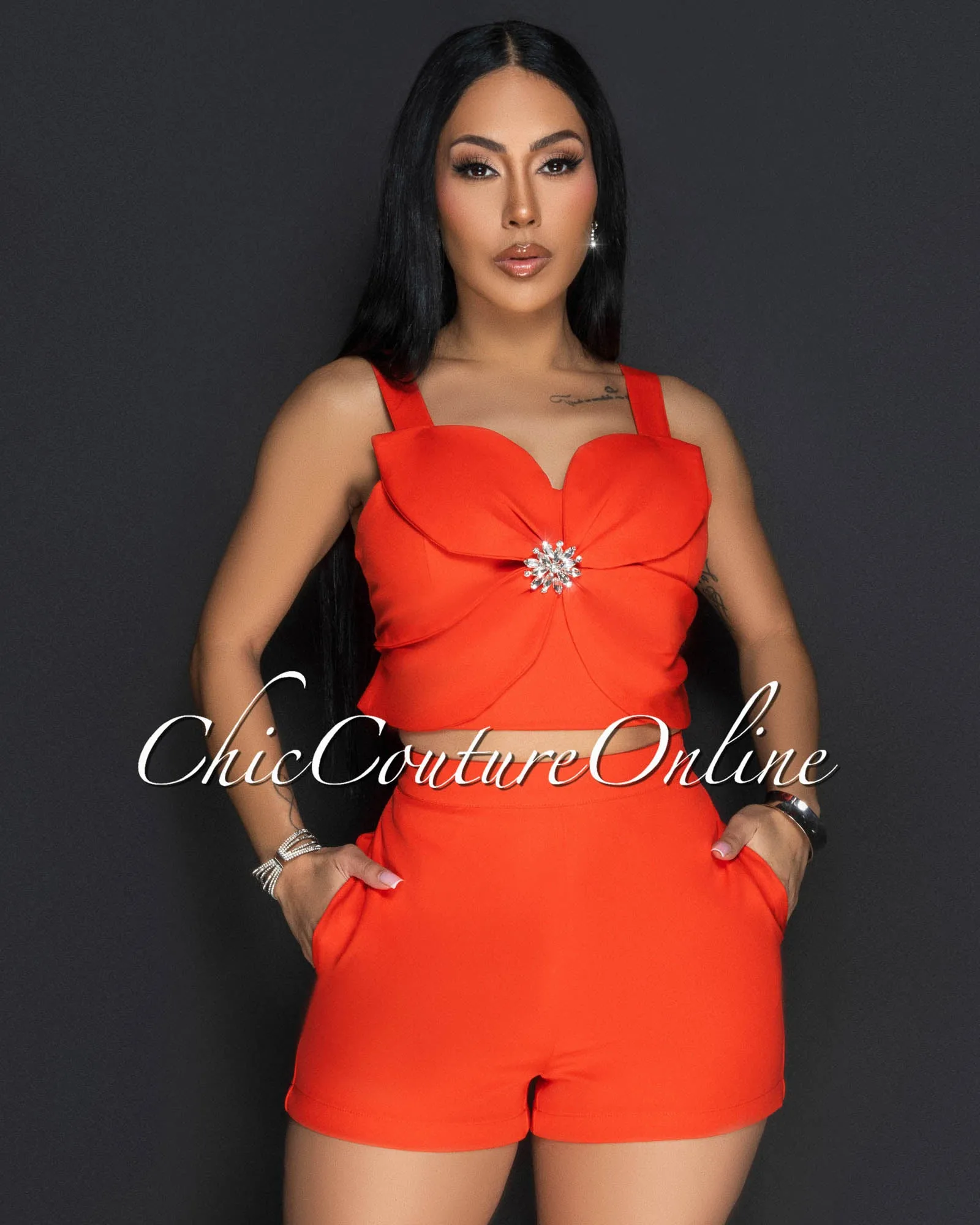 Ilona Tomato Rhinestones Flower Crop Top & Shorts Set sold by Chic Couture product image thumbnail 4