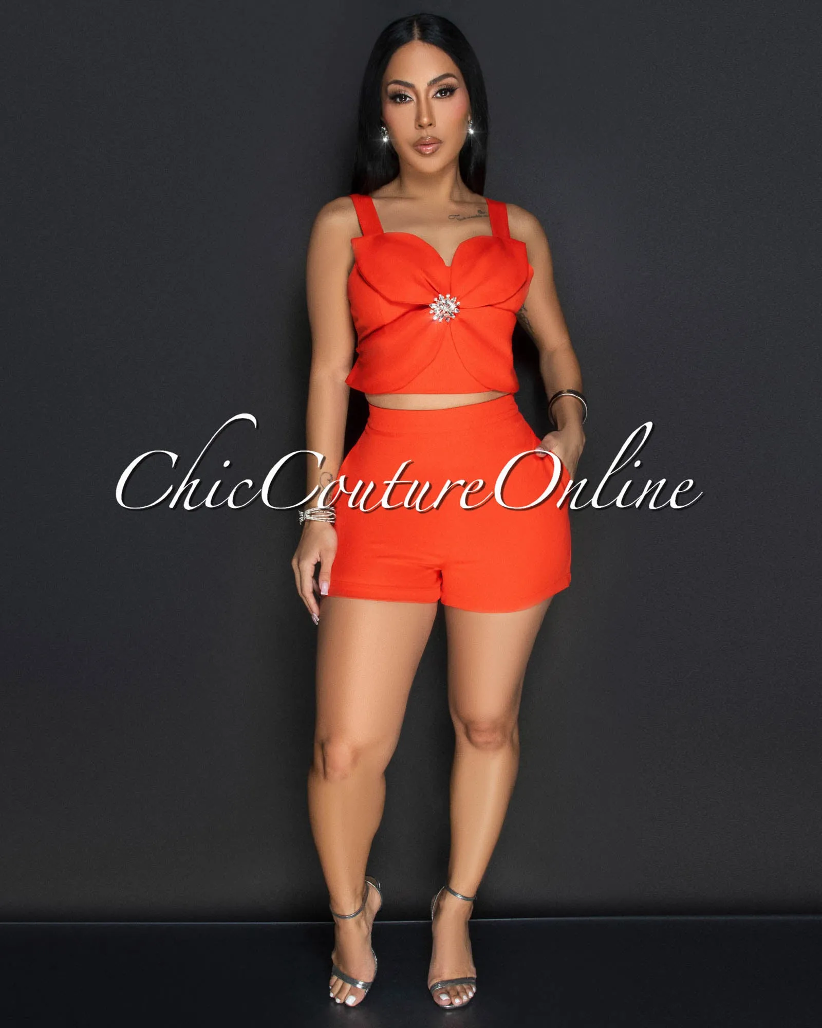 Ilona Tomato Rhinestones Flower Crop Top & Shorts Set sold by Chic Couture