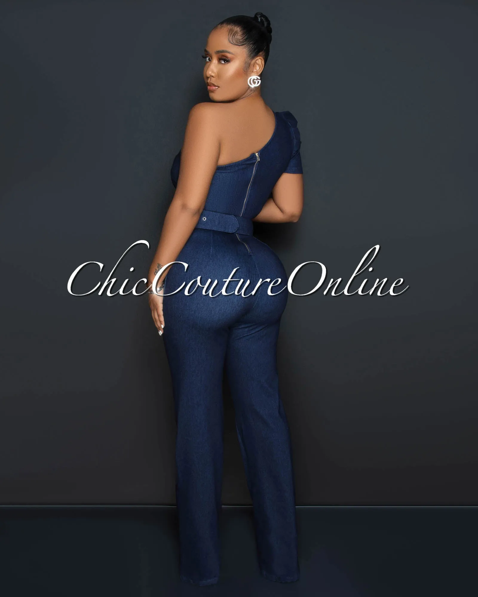 Olimpo Dark Denim Single Shoulder Rhinestones Buckle Belt Jumpsuit sold by Chic Couture product image thumbnail 3