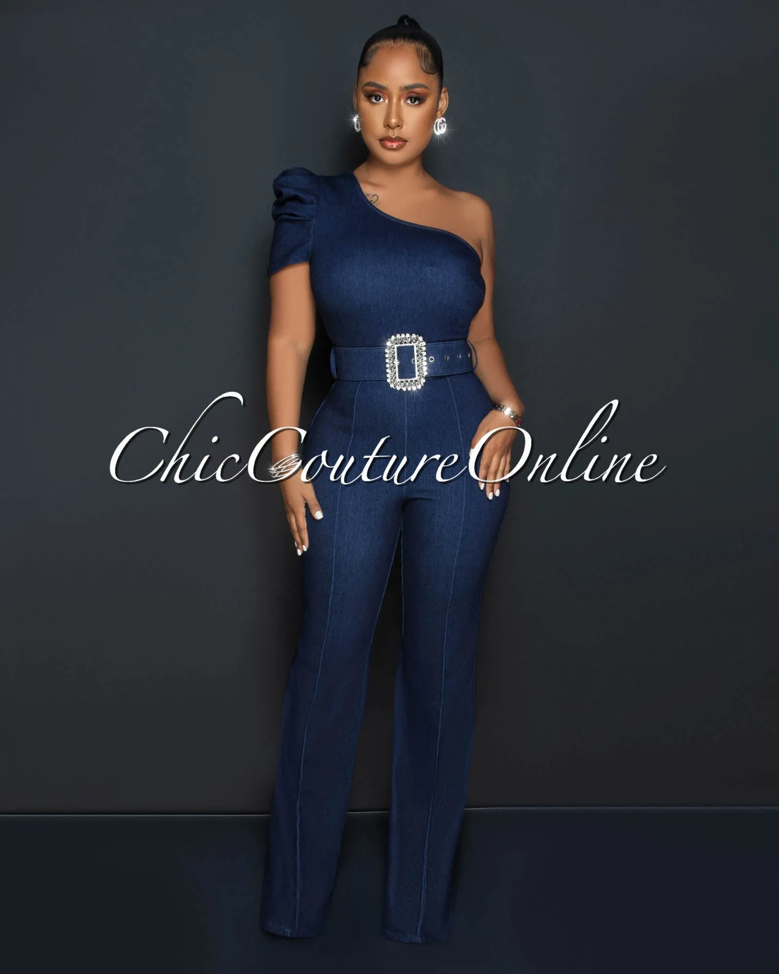 Olimpo Dark Denim Single Shoulder Rhinestones Buckle Belt Jumpsuit sold by Chic Couture