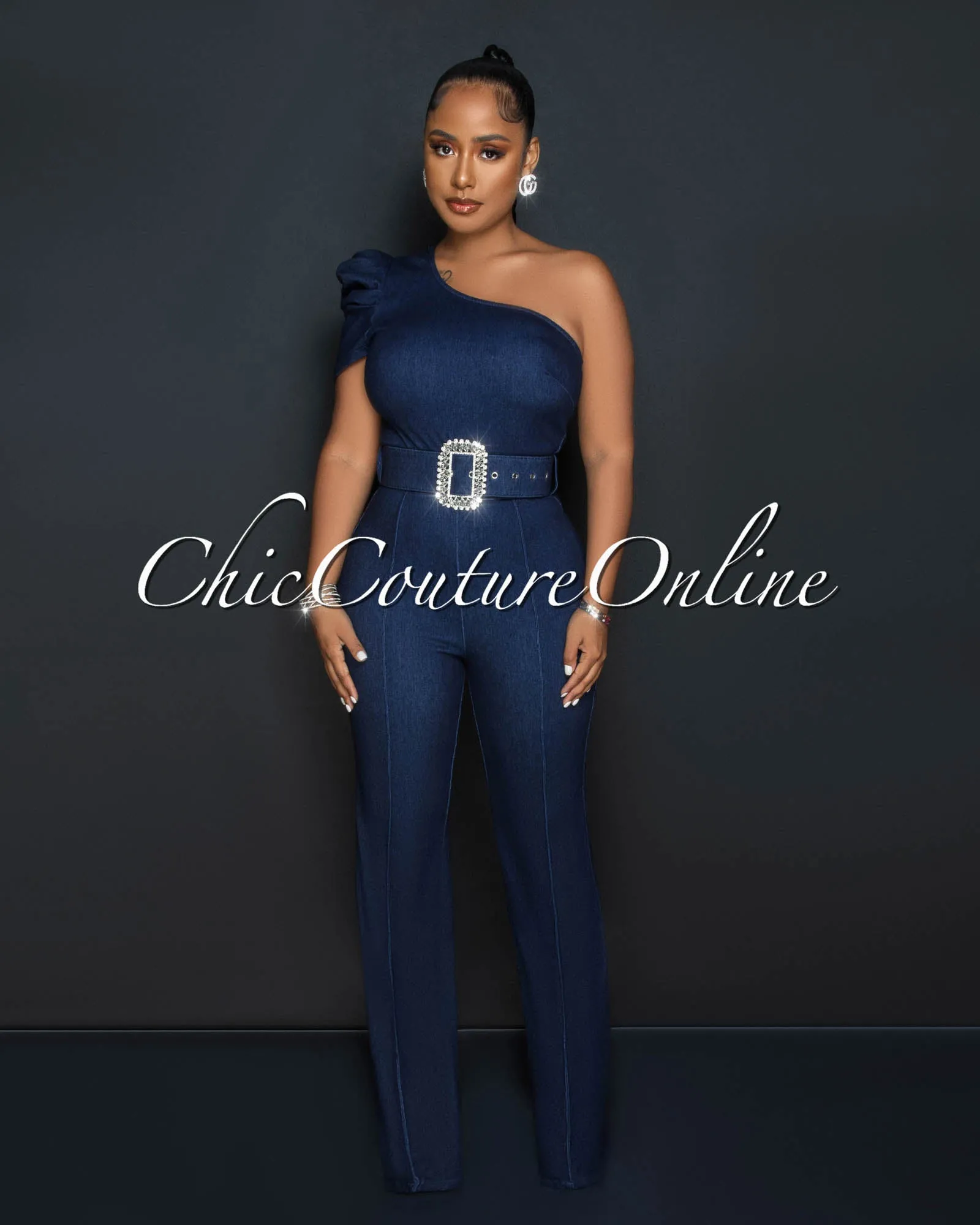Olimpo Dark Denim Single Shoulder Rhinestones Buckle Belt Jumpsuit sold by Chic Couture product image thumbnail 2