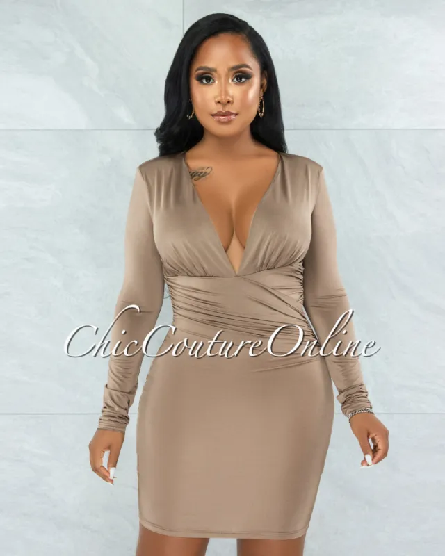 *Leoda Taupe V-Neck Draped Waist Mini Dress sold by Chic Couture