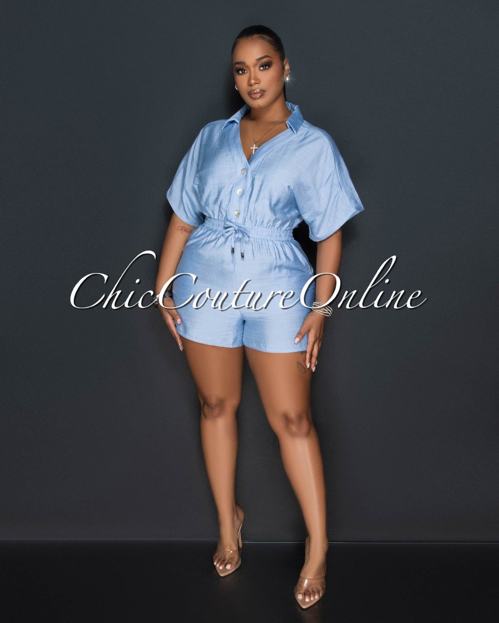 *Fausta Baby Blue Front Buttons Utility Romper sold by Chic Couture product image thumbnail 2