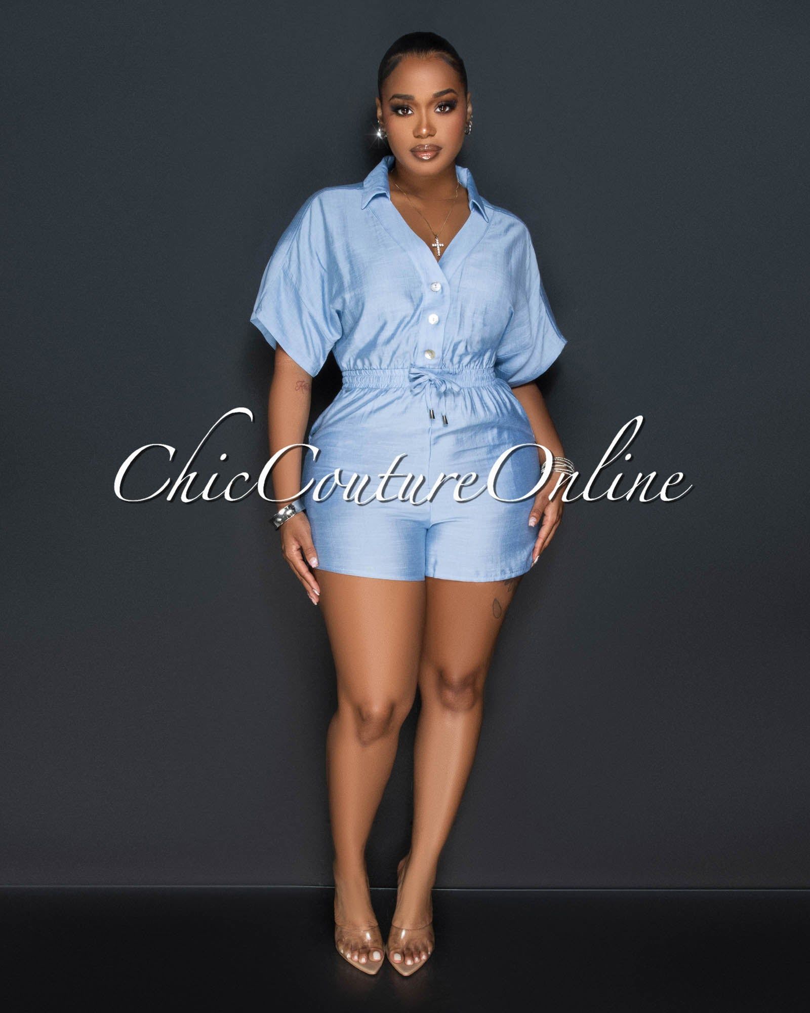 *Fausta Baby Blue Front Buttons Utility Romper sold by Chic Couture