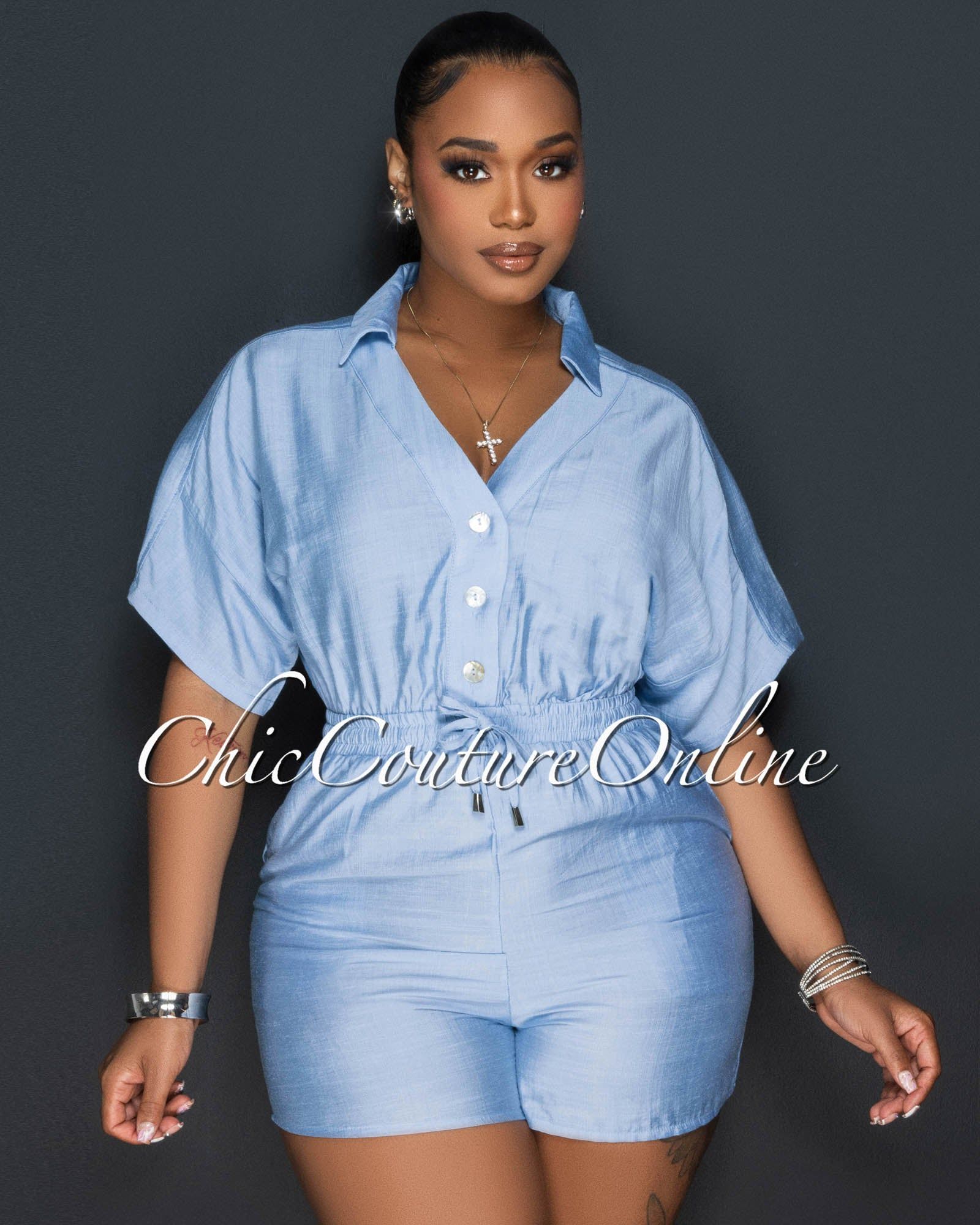 *Fausta Baby Blue Front Buttons Utility Romper sold by Chic Couture product image thumbnail 4