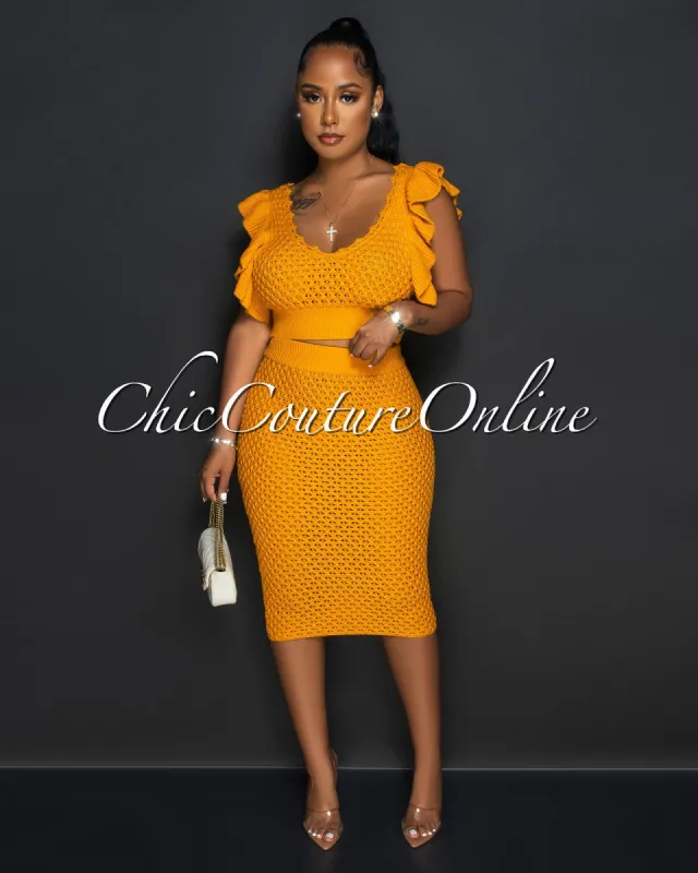 Halley Deep Mustard Crop Top & Crochet Cover-Up Skirt Set sold by Chic Couture