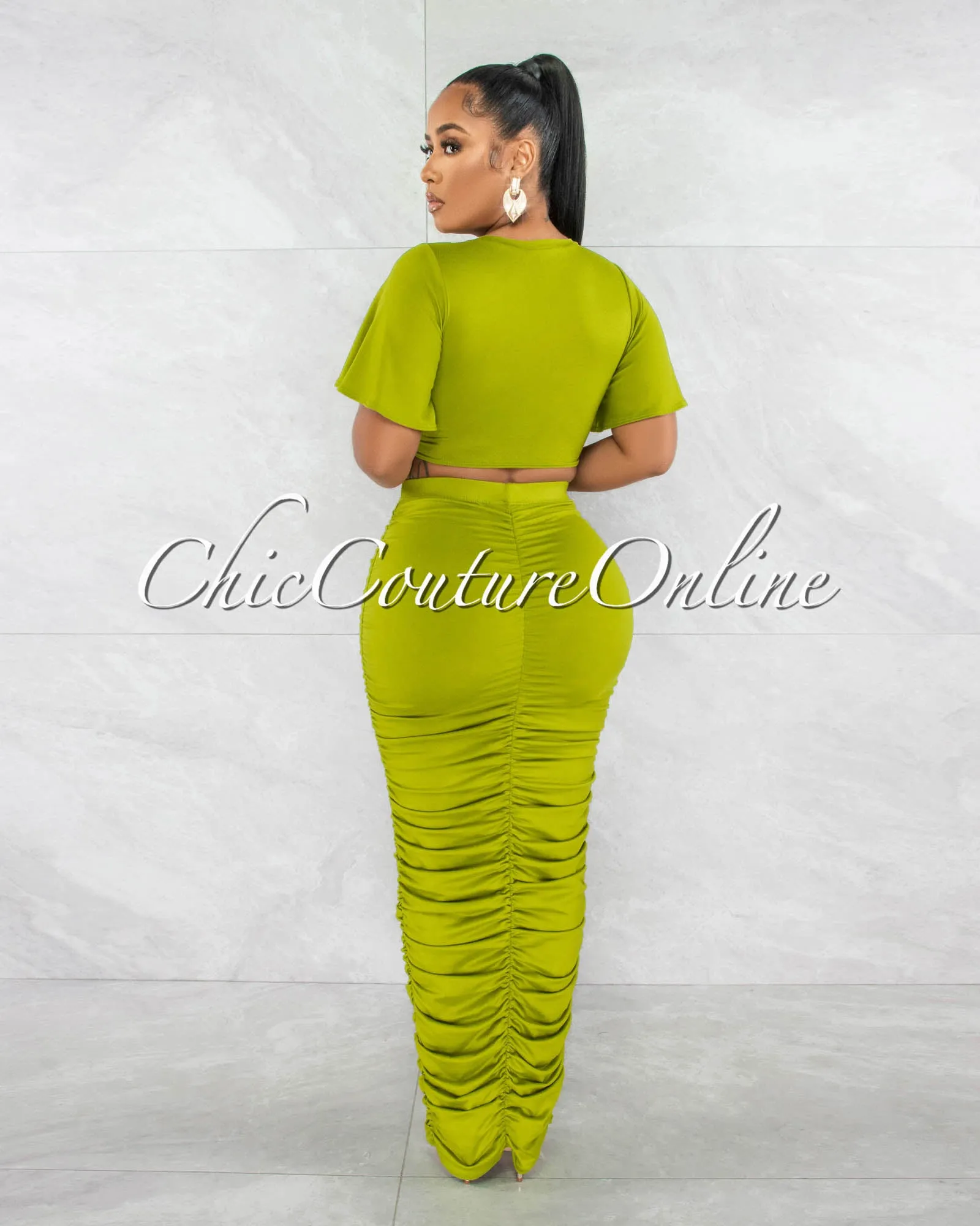 *Pharia Green Crop Top & Ruched Maxi Skirt Set sold by Chic Couture product image thumbnail 3