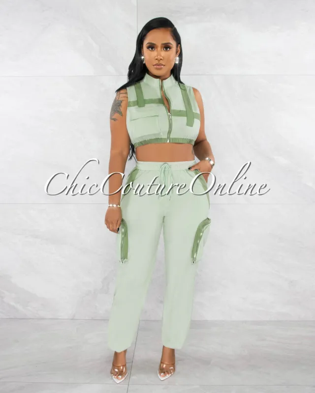 Blassie Sage Green Crop Top & Jogger Cargo Pants Set sold by Chic Couture