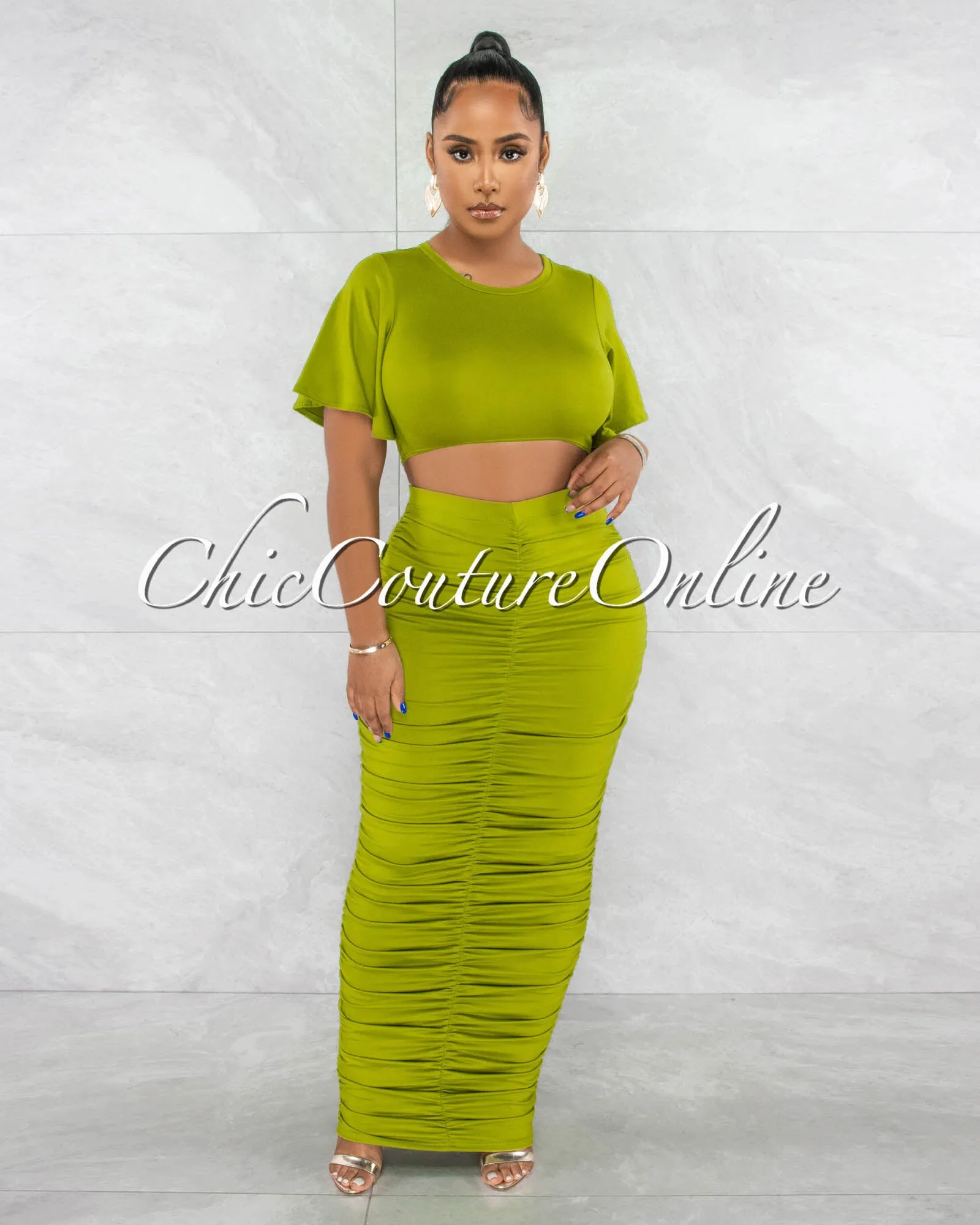 *Pharia Green Crop Top & Ruched Maxi Skirt Set sold by Chic Couture product image thumbnail 2