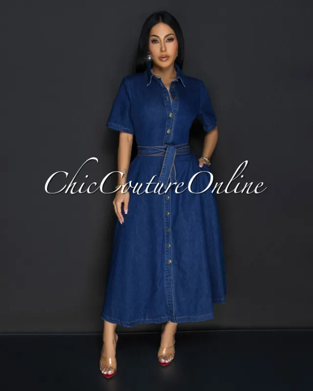 Mando Dark Denim Buttons Front Midi Dress sold by Chic Couture