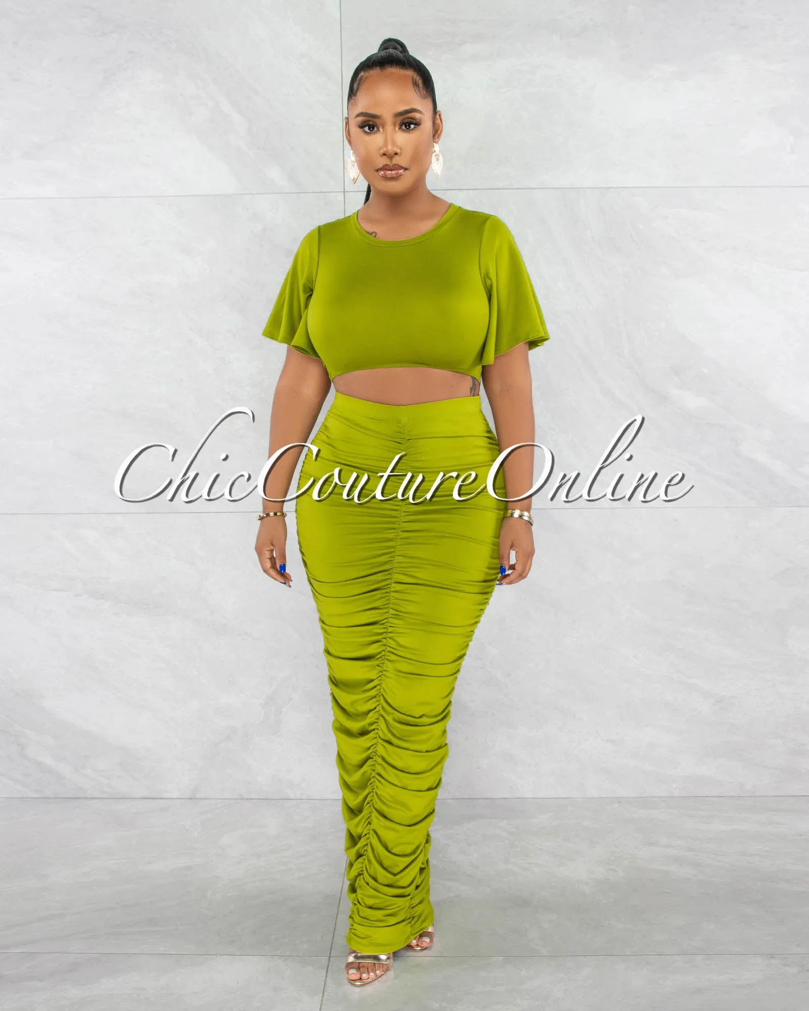 *Pharia Green Crop Top & Ruched Maxi Skirt Set sold by Chic Couture