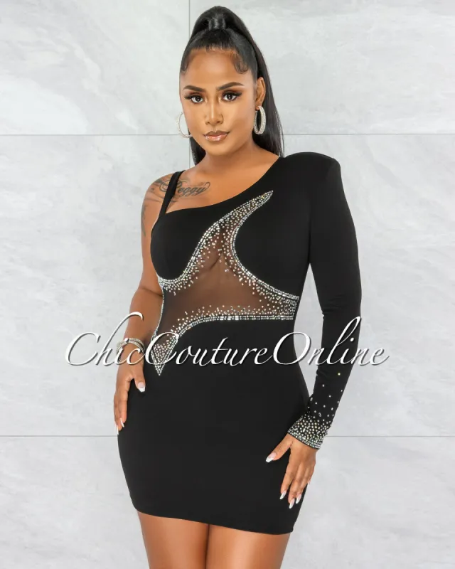 *Ymara Black Silver Rhinestones Mesh Accent Mini Dress sold by Chic Couture