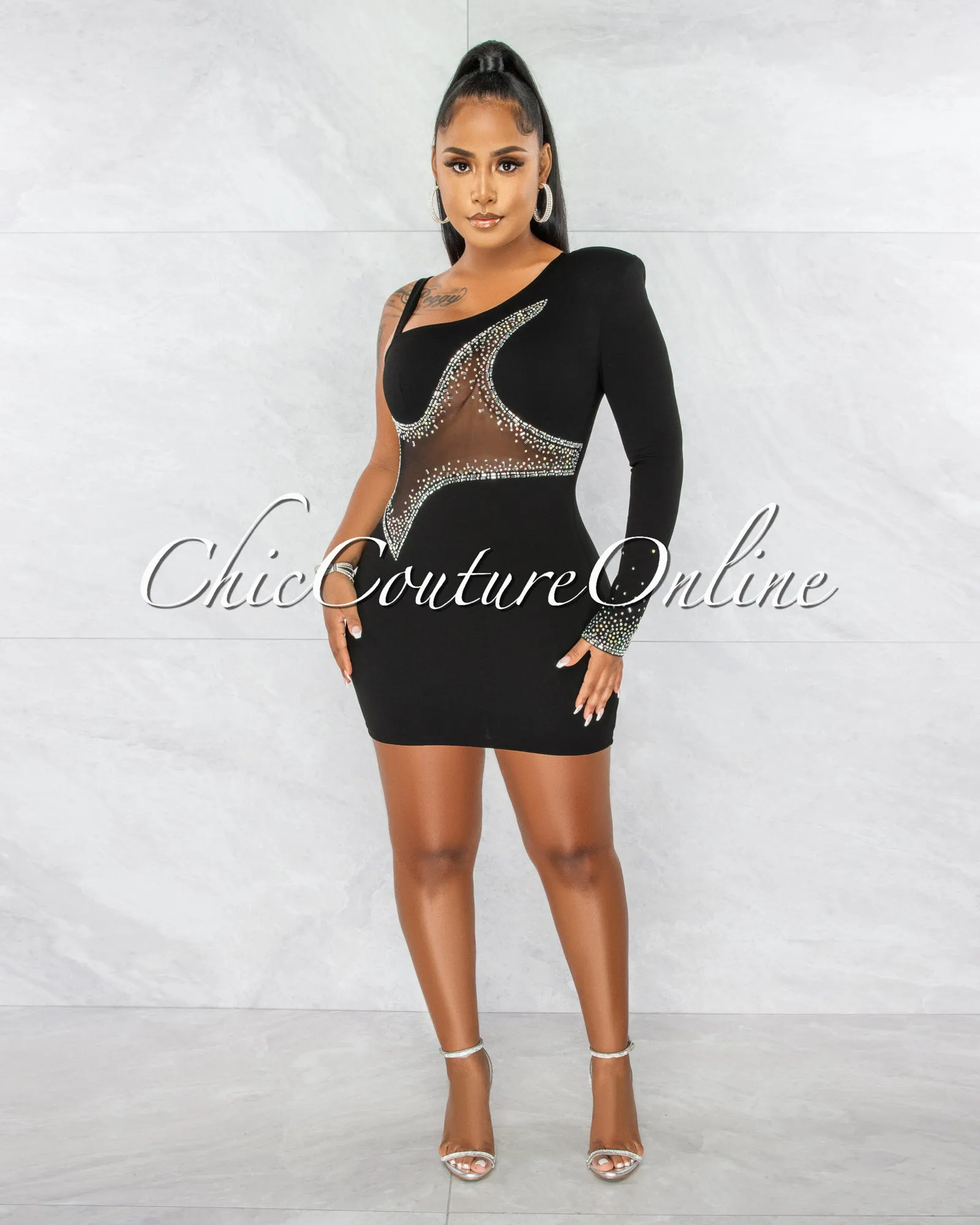 *Ymara Black Silver Rhinestones Mesh Accent Mini Dress sold by Chic Couture product image thumbnail 3