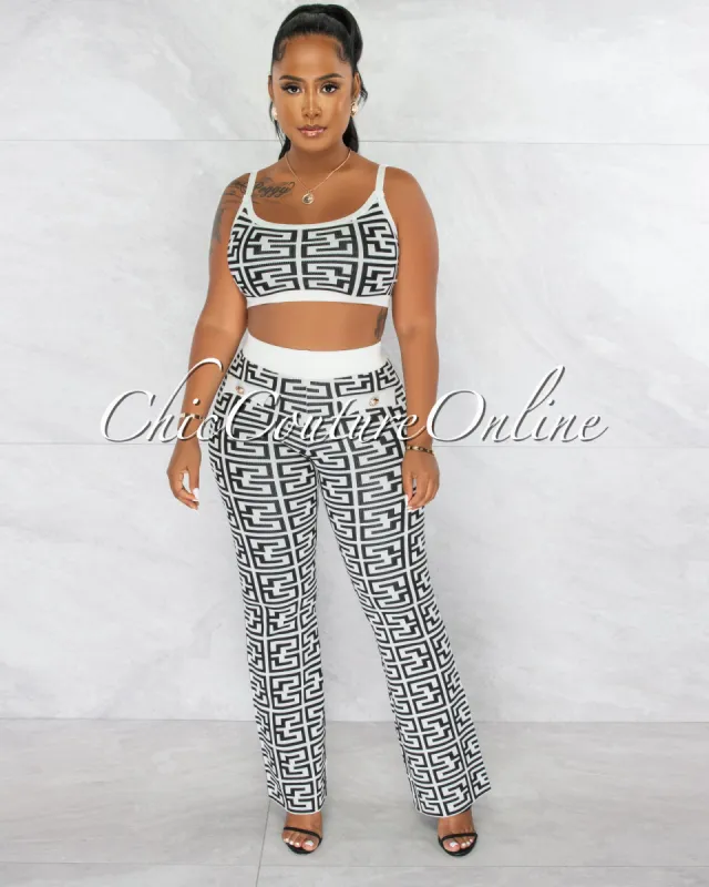 *Hally White Black Fret Print Crop Top & Pants Knit Set sold by Chic Couture