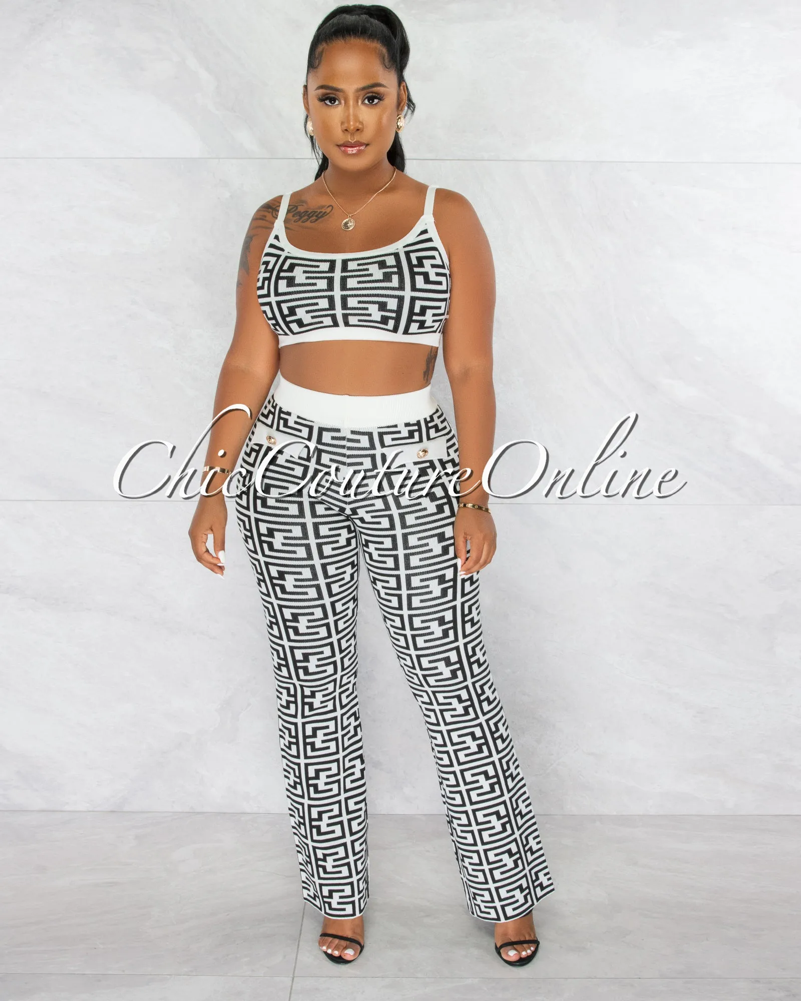 *Hally White Black Fret Print Crop Top & Pants Knit Set sold by Chic Couture