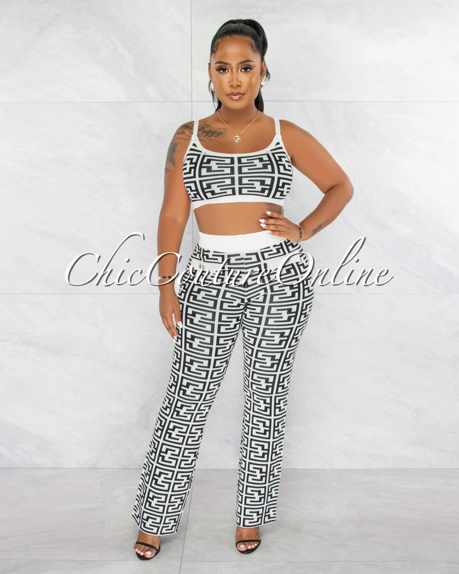 *Hally White Black Fret Print Crop Top & Pants Knit Set sold by Chic Couture product image thumbnail 2