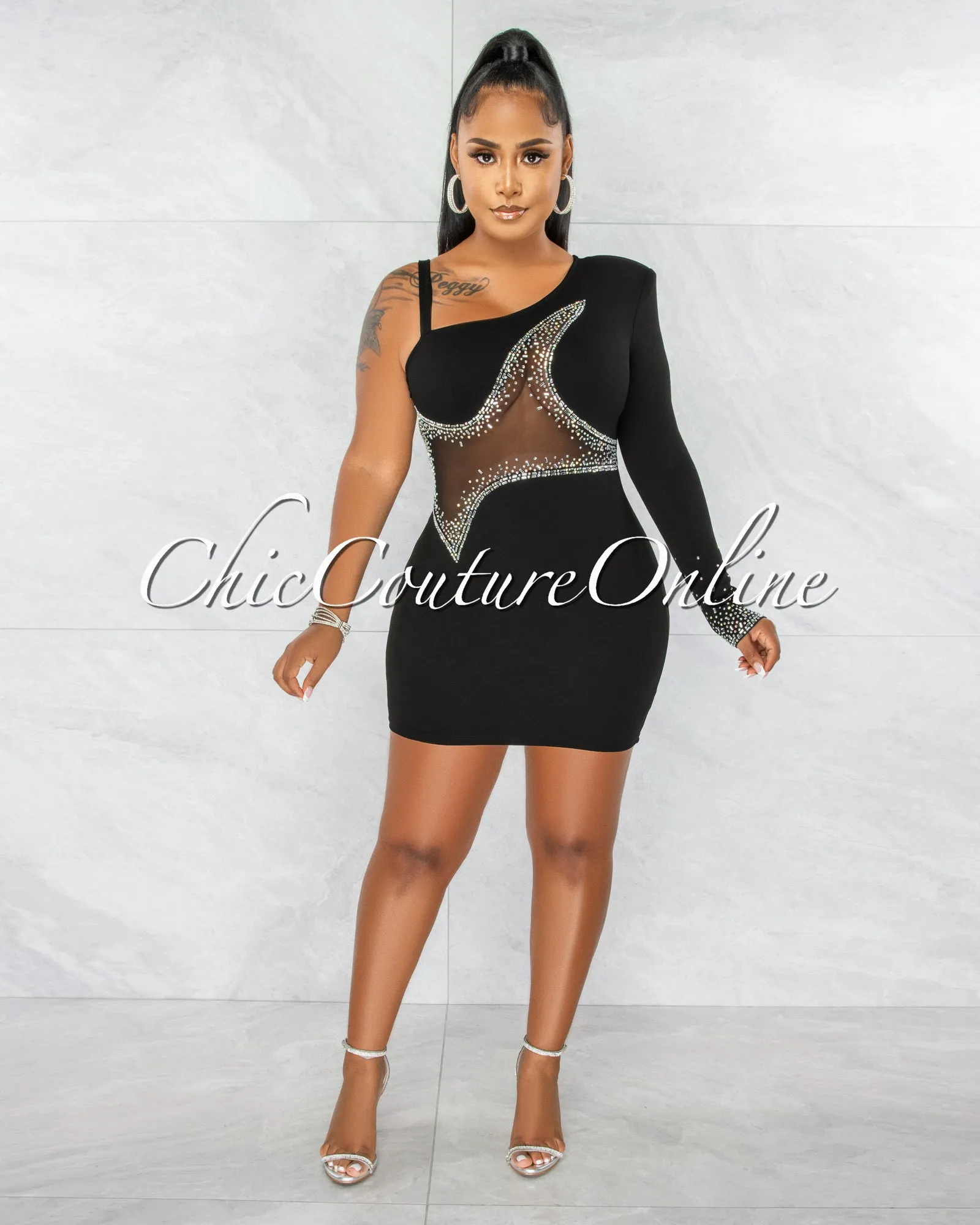 *Ymara Black Silver Rhinestones Mesh Accent Mini Dress sold by Chic Couture product image thumbnail 2