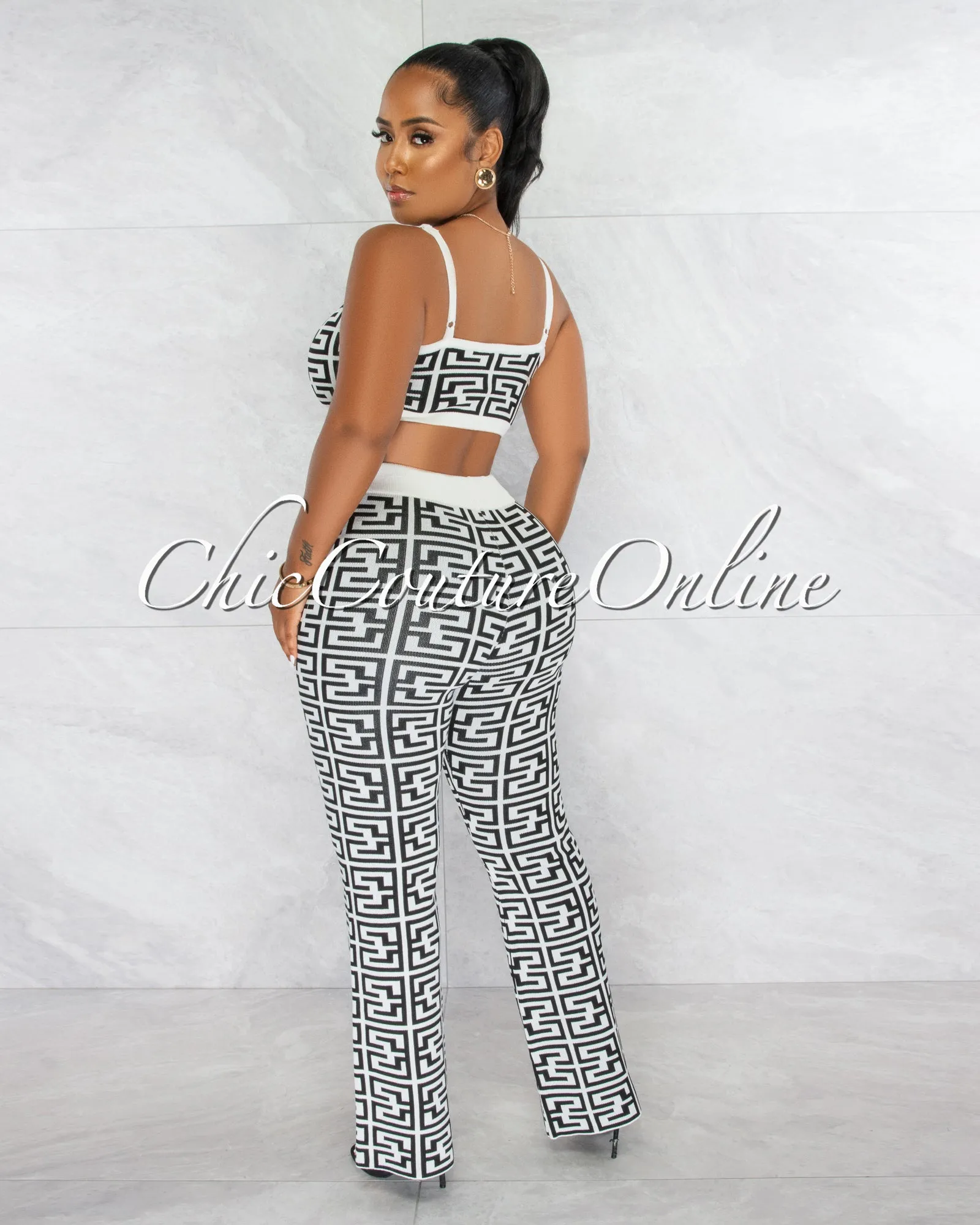 *Hally White Black Fret Print Crop Top & Pants Knit Set sold by Chic Couture product image thumbnail 3
