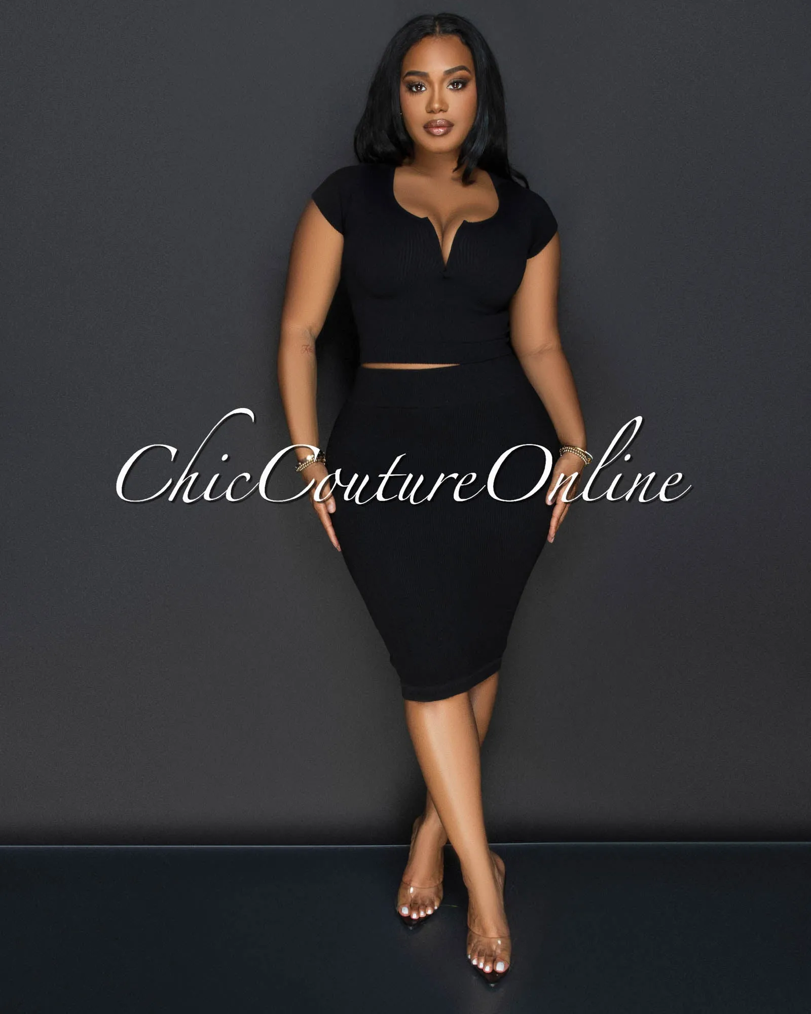 Laury Black Ribbed Crop Top & Skirt Sculpting Set sold by Chic Couture
