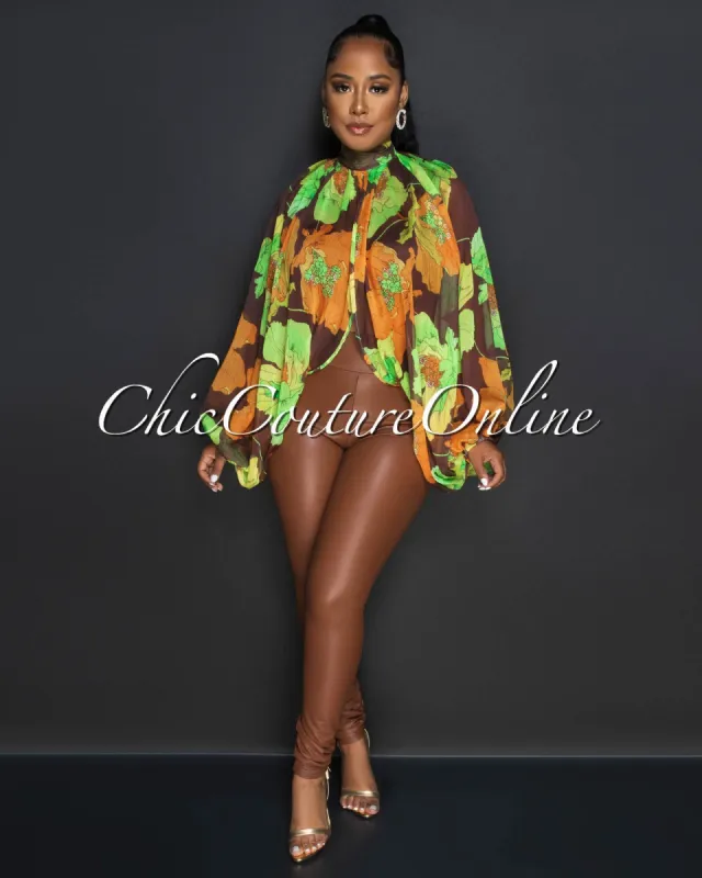 Paulette Orange Green Brown Print Sheer Flowy Top sold by Chic Couture