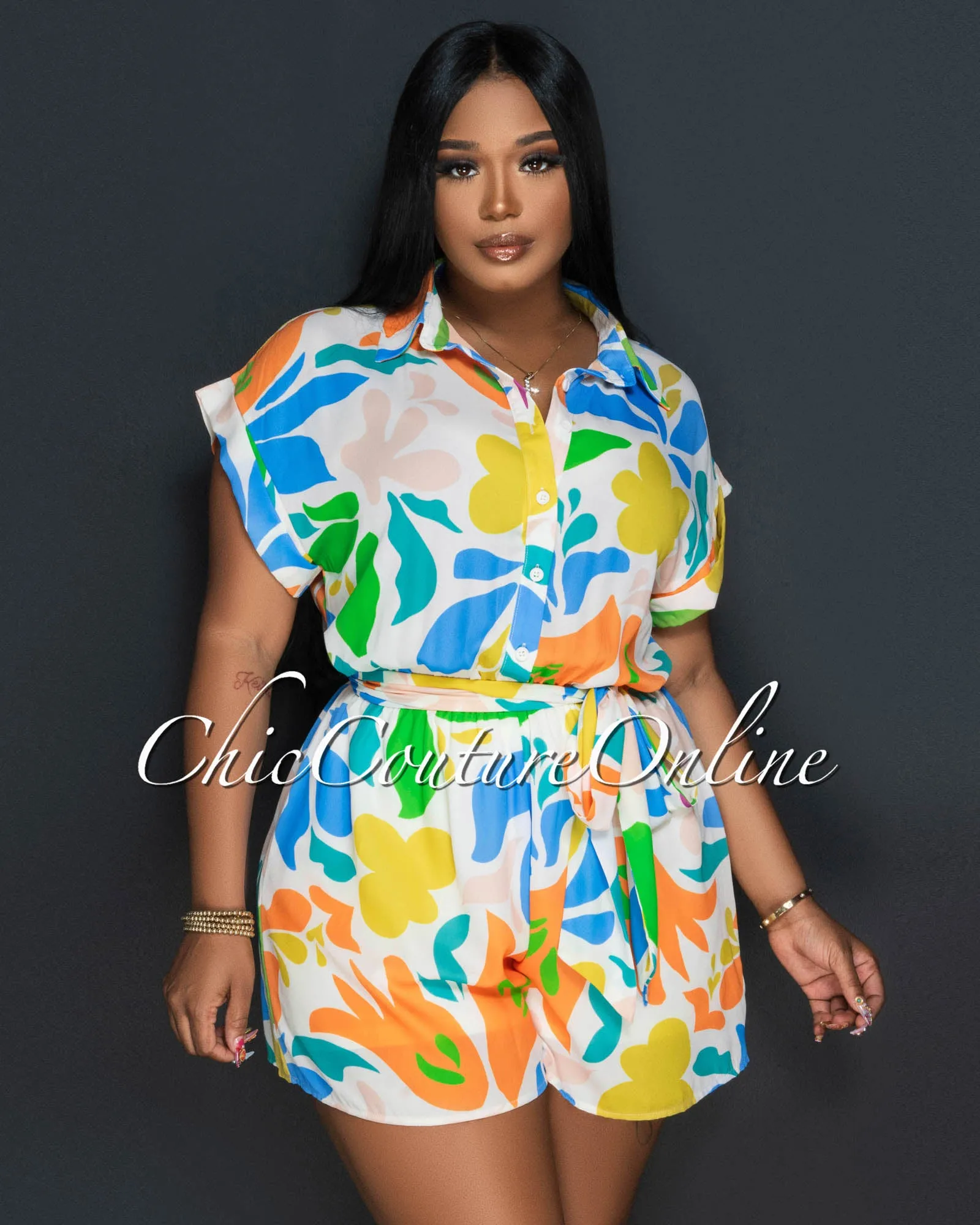 *Thena Cream Multi-Color Print Utility Romper sold by Chic Couture product image thumbnail 4