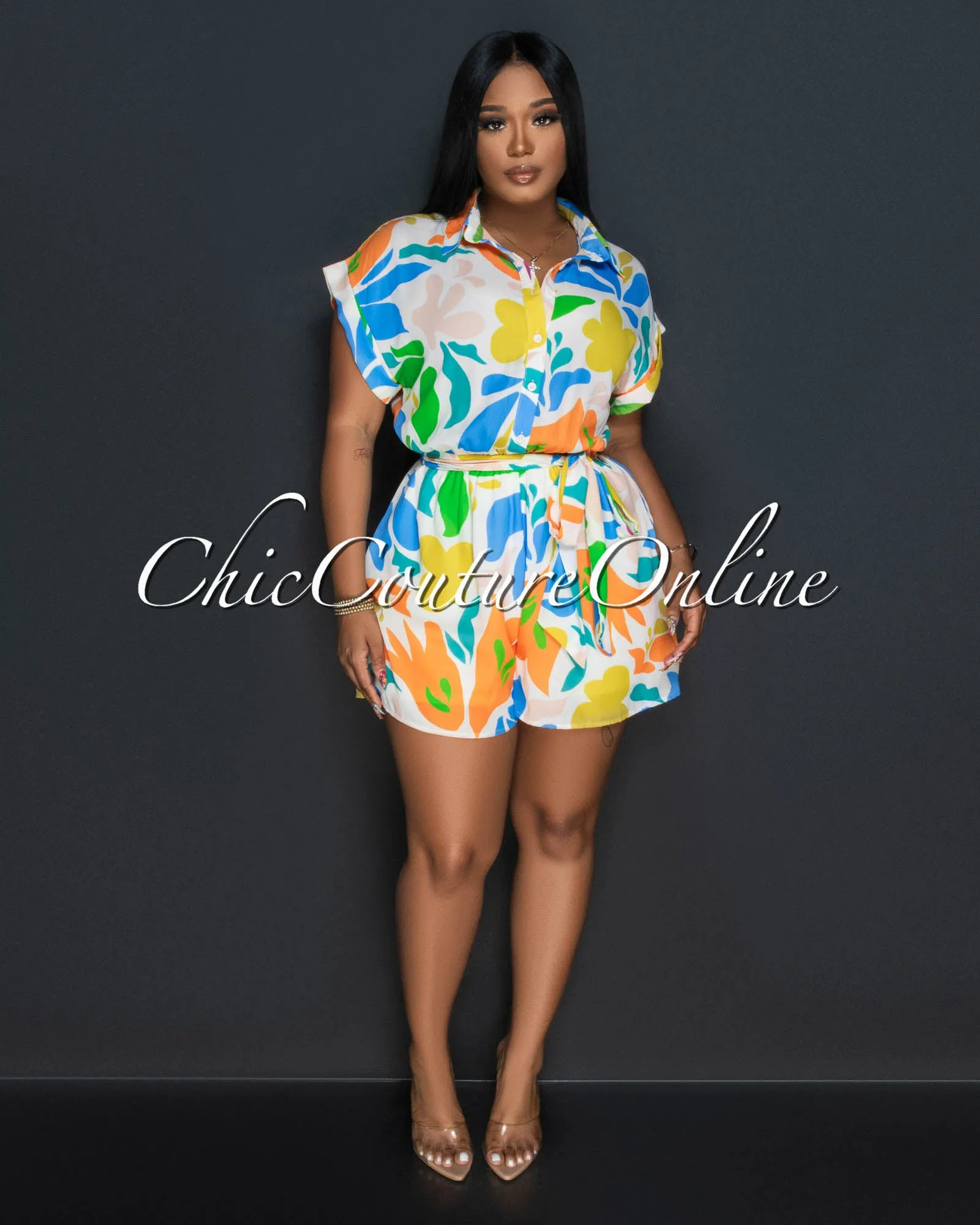 *Thena Cream Multi-Color Print Utility Romper sold by Chic Couture product image thumbnail 2