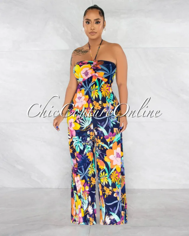*Sabrina Navy Multi-Color Floral Print Wide Legs Jumpsuit sold by Chic Couture