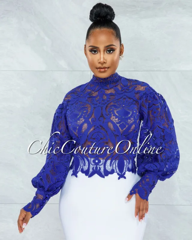 *Amber Royal-Blue Long Sleeves Crochet Crop Top sold by Chic Couture
