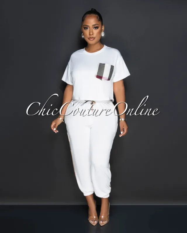 Labbie White Nude Plaid Accent Jogger Set sold by Chic Couture