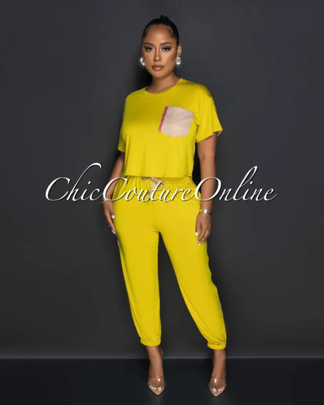 *Labbie Mustard Nude Plaid Accent Jogger Set sold by Chic Couture