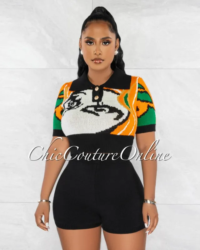 *Keyah Black Multi-Color Print Crop Top & Shorts Knit Set sold by Chic Couture