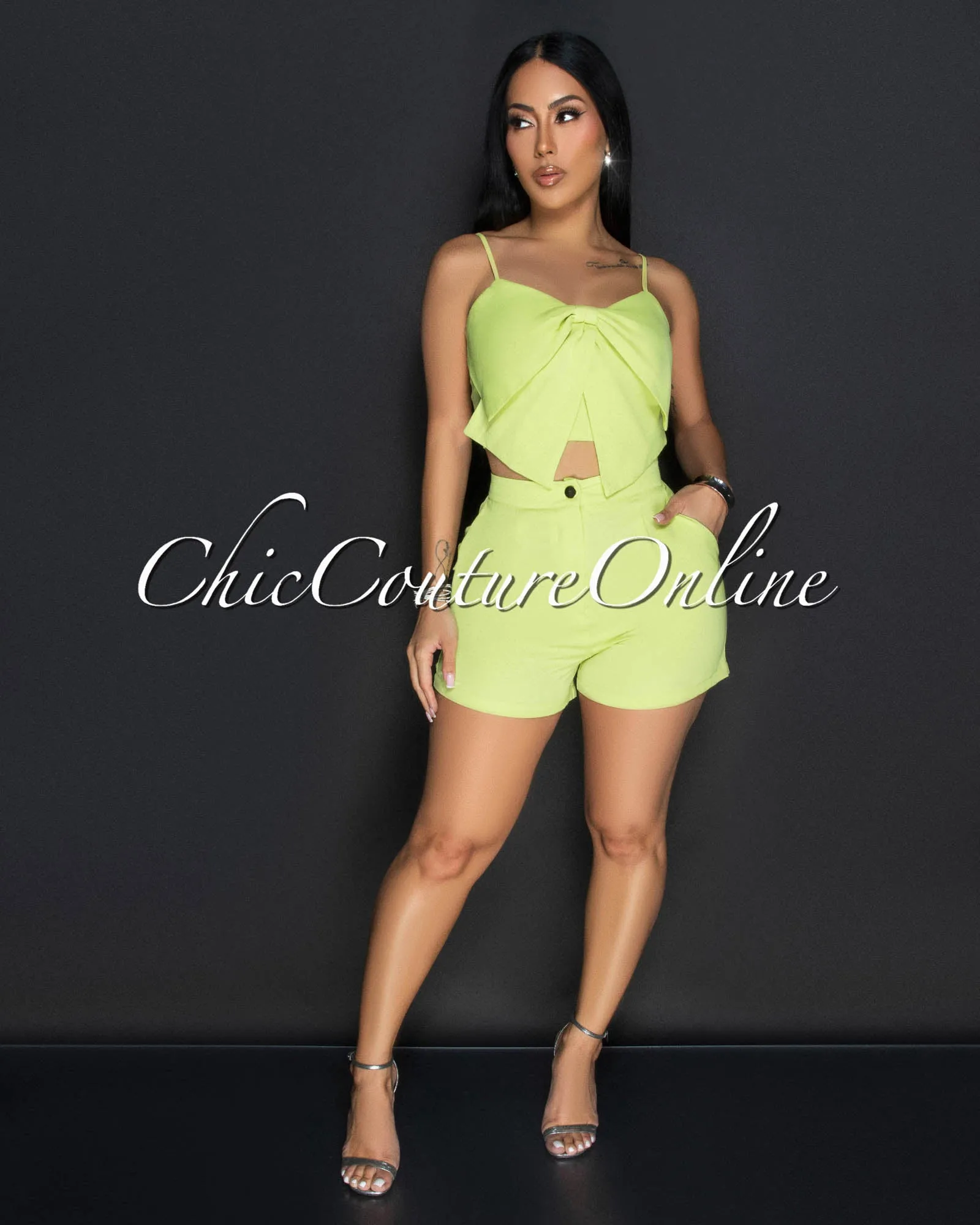 Pluma Lime Flower Spaghetti Strap Crop Top & Shorts Set sold by Chic Couture