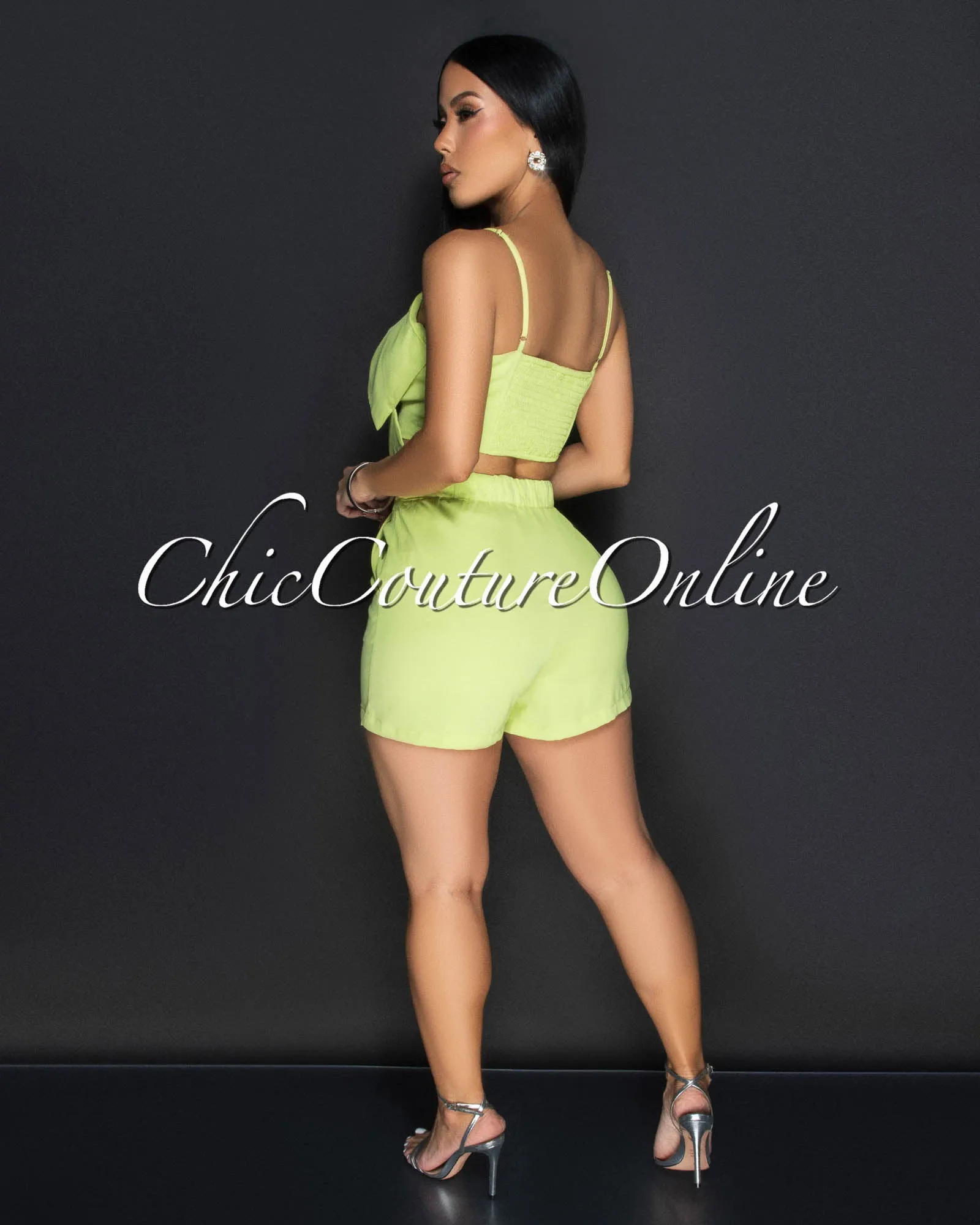 Pluma Lime Flower Spaghetti Strap Crop Top & Shorts Set sold by Chic Couture product image thumbnail 3