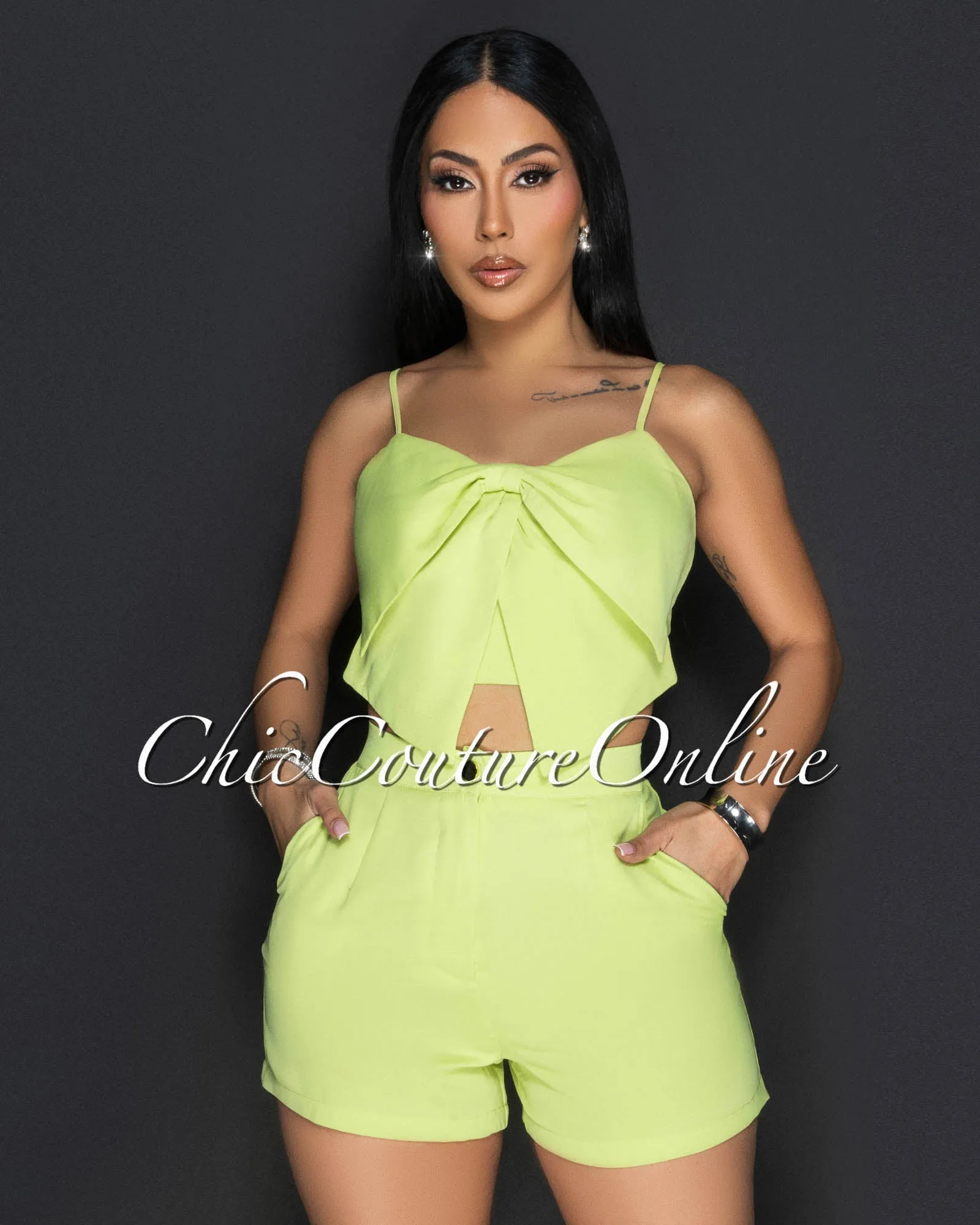 Pluma Lime Flower Spaghetti Strap Crop Top & Shorts Set sold by Chic Couture product image thumbnail 2