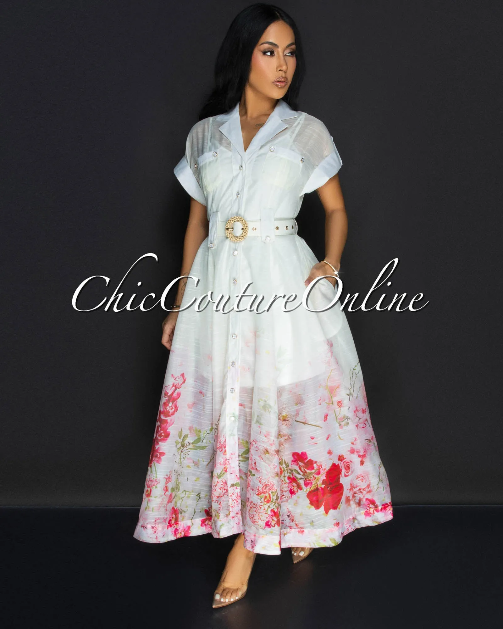Zaria Cream Floral Print Gold Buttons Belted Maxi Dress sold by Chic Couture product image thumbnail 3