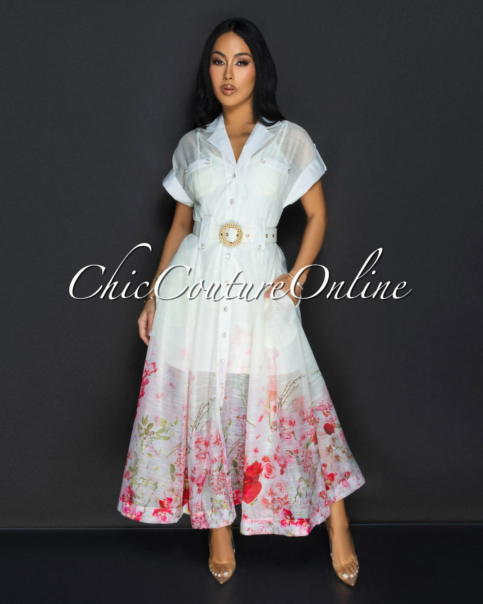 Zaria Cream Floral Print Gold Buttons Belted Maxi Dress sold by Chic Couture product image thumbnail 2