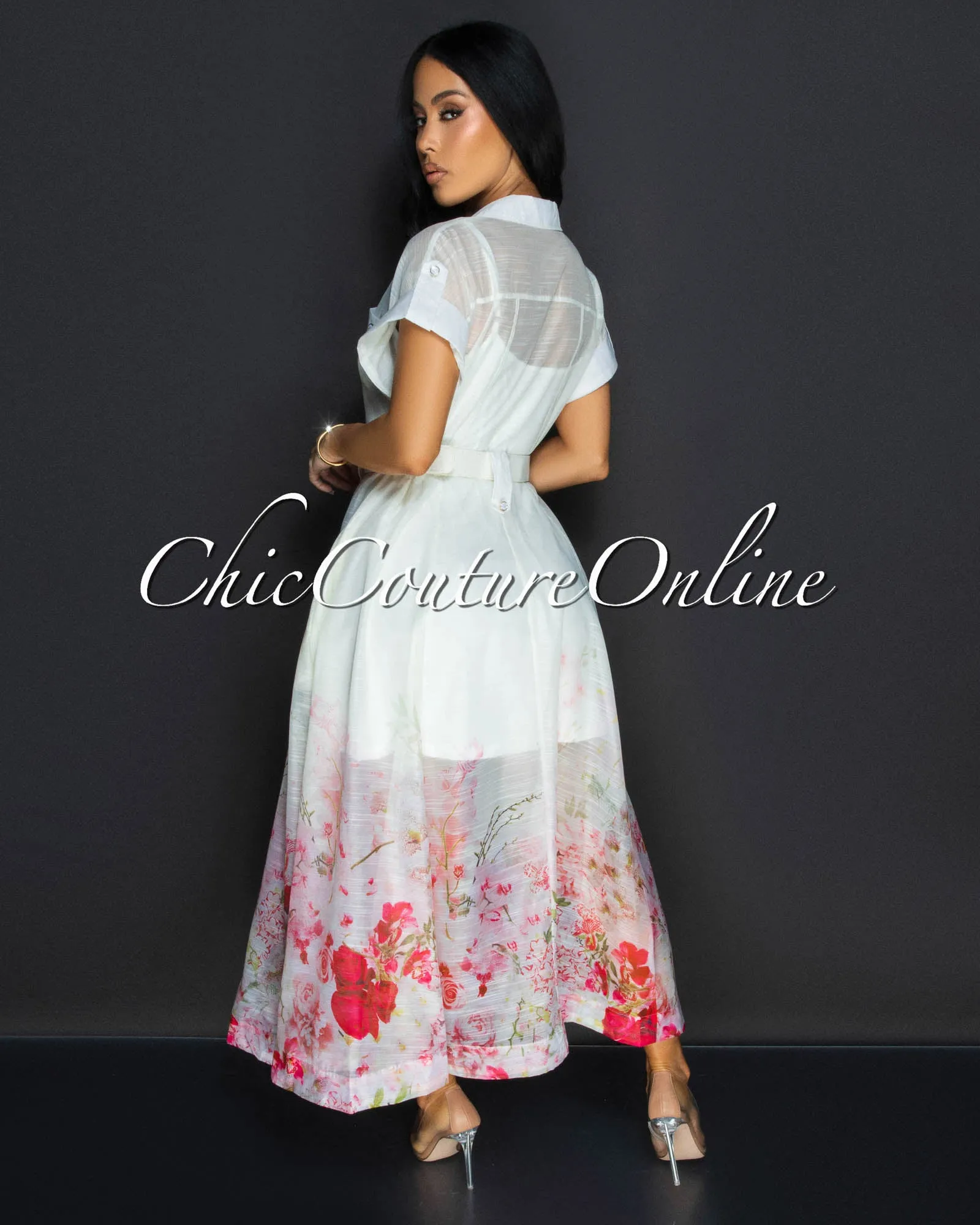 Zaria Cream Floral Print Gold Buttons Belted Maxi Dress sold by Chic Couture product image thumbnail 4
