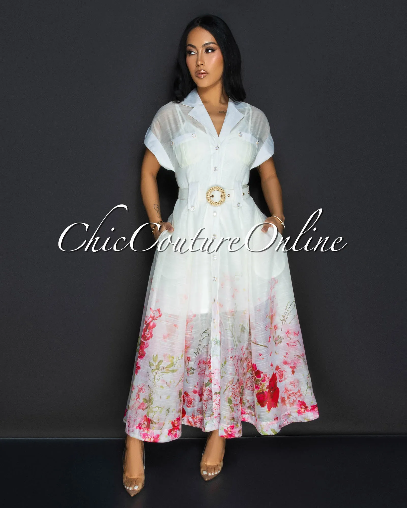Zaria Cream Floral Print Gold Buttons Belted Maxi Dress sold by Chic Couture
