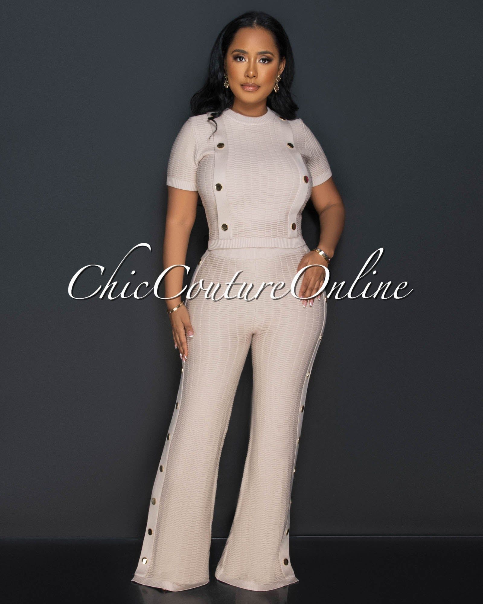 Bedelia Nude Gold Buttons Crop Top & Pants Knit Set sold by Chic Couture