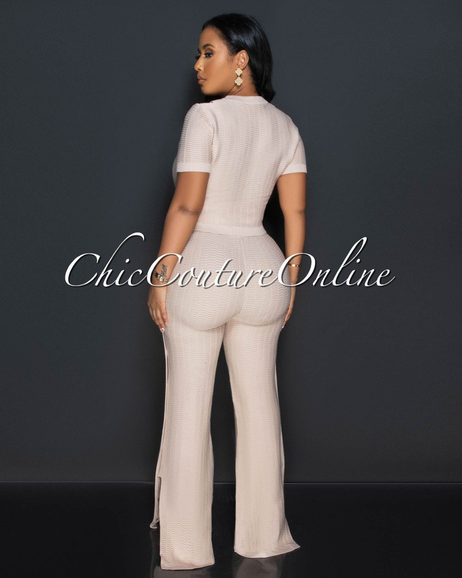 Bedelia Nude Gold Buttons Crop Top & Pants Knit Set sold by Chic Couture product image thumbnail 4