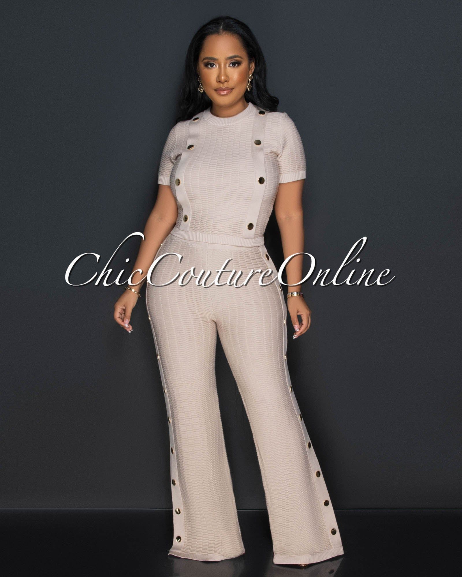 Bedelia Nude Gold Buttons Crop Top & Pants Knit Set sold by Chic Couture product image thumbnail 2