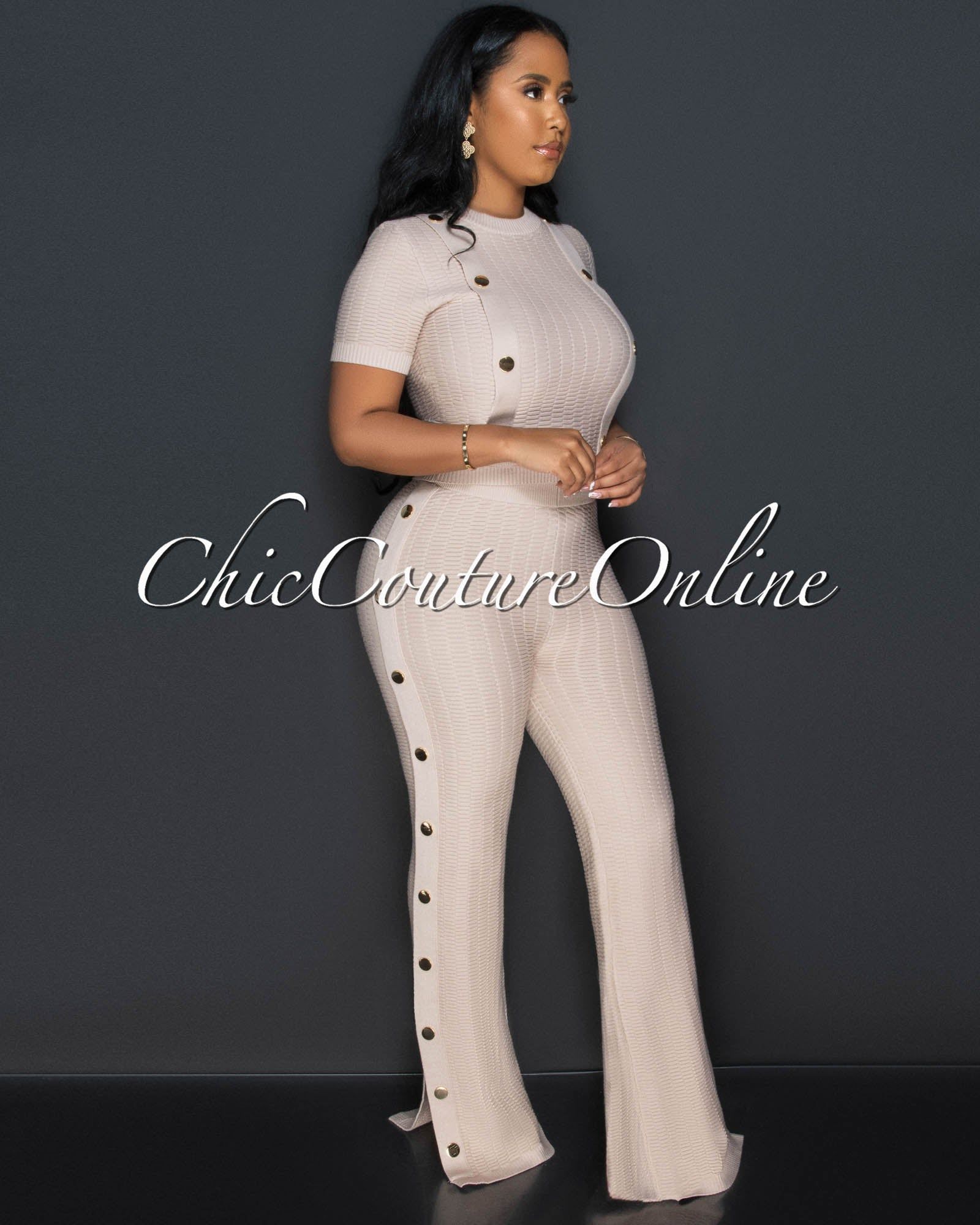 Bedelia Nude Gold Buttons Crop Top & Pants Knit Set sold by Chic Couture product image thumbnail 3