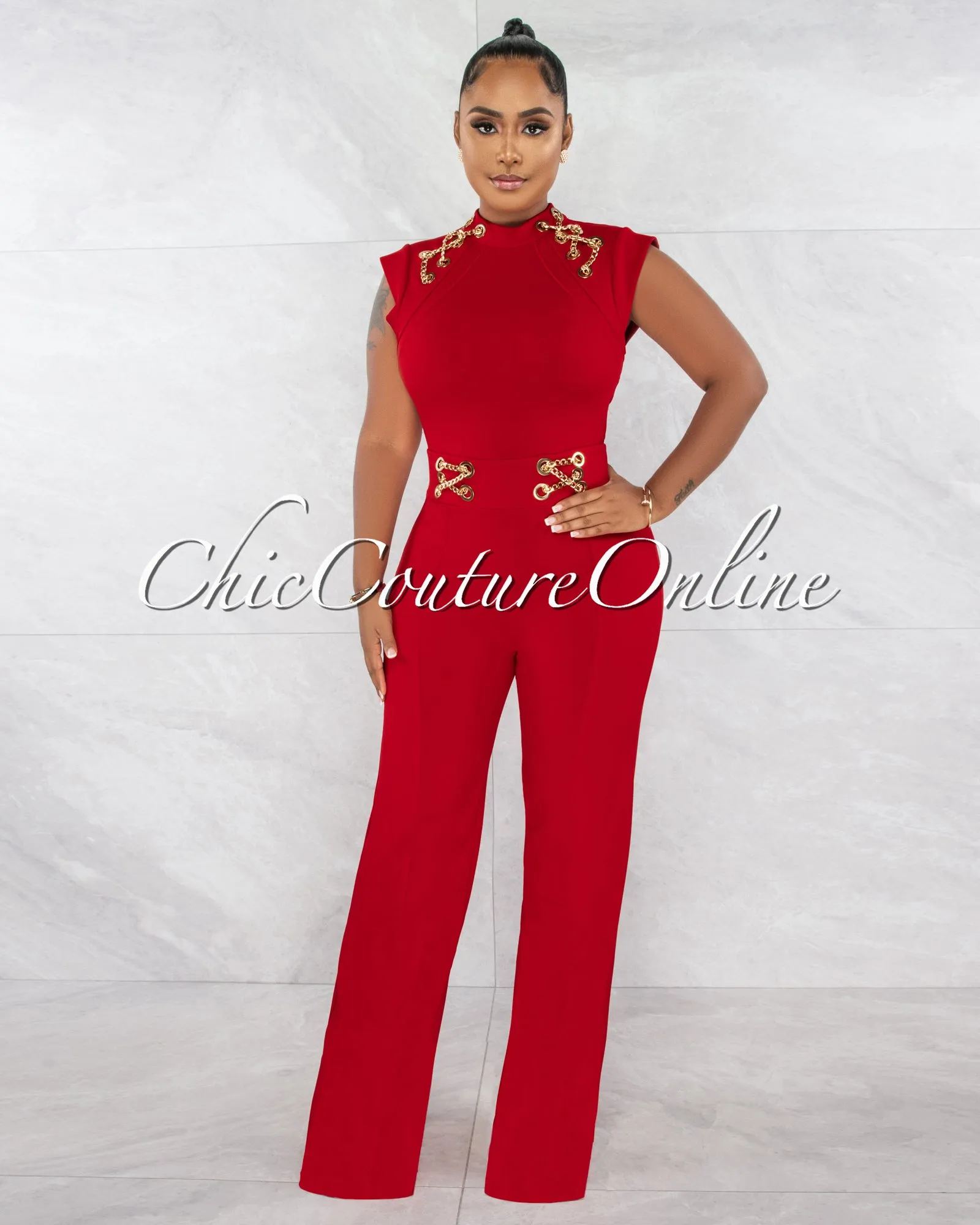 Jazelle Red Gold Link Lace-Up Jumpsuit sold by Chic Couture product image thumbnail 2