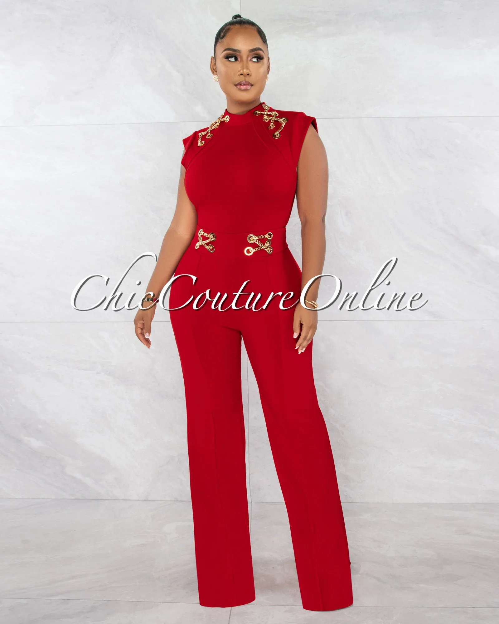 Jazelle Red Gold Link Lace-Up Jumpsuit sold by Chic Couture